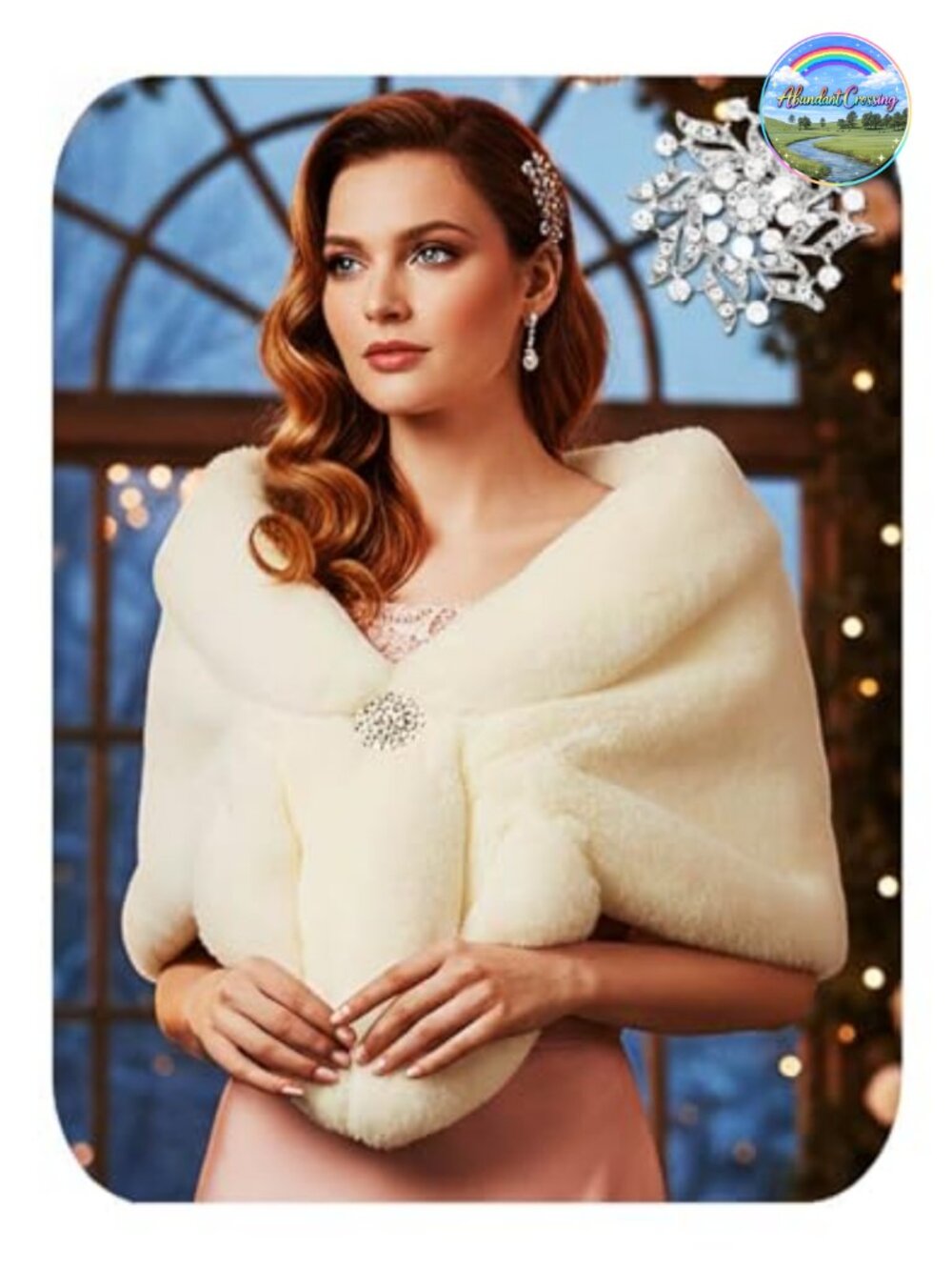 Faux Fur Wedding Shawl Wrap Rhinestone Brooch Bridal Stole